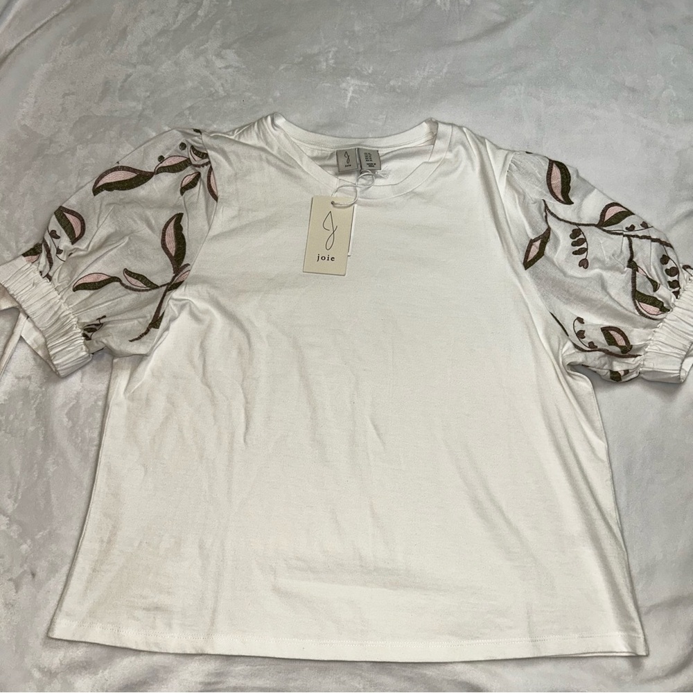 Joie White Top with Printed Puff Sleeves